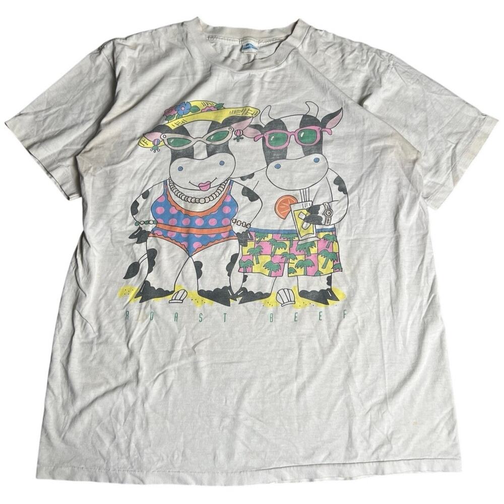 VTG 90s Cow Roast Beef Cotton T Shirt Animal One Size Fits XL/2XL